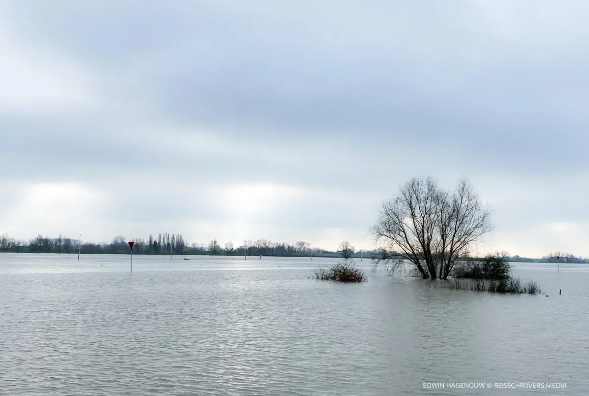 Hoogwater | De Kraan van Nederland in de Nederrijn bij Oosterbeek en Driel